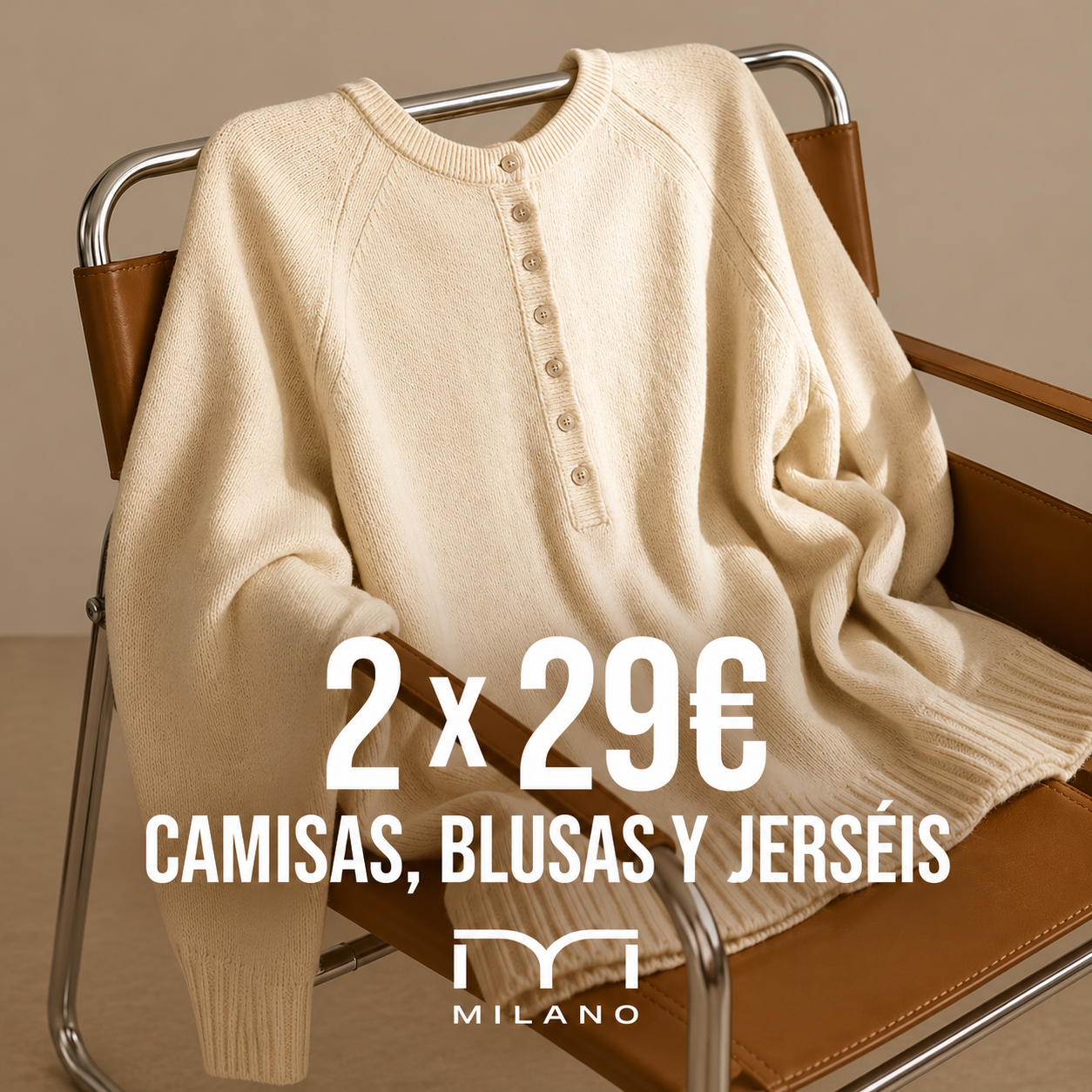 Anuncio minimalista de jersey crema y silla de cuero